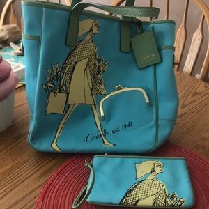 Coach Blue Tote with Matching Wristlet